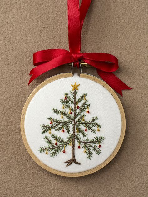 Embroidered Christmas Tree ornament framed in a 3-inch hoop. Tree is 2.75-inches tall. Embroidery Christmas Ornaments, Embroidery Ornament, Bordados Tambour, Christmas Tree Embroidery, Easy Christmas Ornaments, Diy Christmas Ornaments Easy, Christmas Embroidery Patterns, Cross Stitch Christmas, Embroidery Christmas