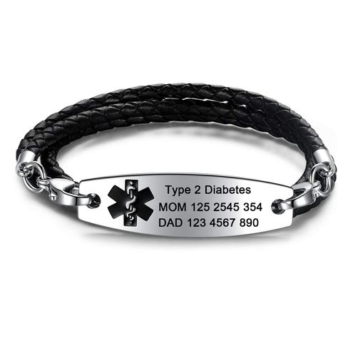 JF.JEWELRY Personalised Custom Medical Alert Bracelets for Women Men | 3-Layers Black Braided Leather Link Medical Bracelets Medical Alert Bracelet Womens, Medical Alert Bracelet, Medical Id Bracelets, Medical Jewelry, Medic Alert Bracelets, Medical Bracelet, Leather Wristbands, Medical Alert, Id Bracelets