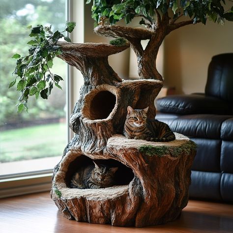 This cat treehouse tower is creatively shaped like a tree, offering your feline a naturalistic playground to climb, explore, and relax. With its sturdy, sisal-wrapped “trunk” and plush, leaf-shaped perches at various heights, this tower mimics the feel of a real tree. Cozy hideaways nestled among the “branches” provide perfect spots for napping, while dangling toys add an element of interactive play. Designed to blend seamlessly into your home décor, this tree-shaped cat tower combines durabi... Wood Log Projects, Cat Hideaway, Wood Log Ideas, Log Ideas, Log Projects, Warm Home, Wood Logs, Cat Tower, Cat Room