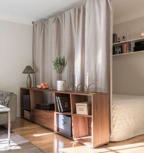 curtains Comfort Apartment, Studio Apartment Room Divider, Apartemen Studio, Apartment Curtains, Tiny Studio Apartments, Studio Apartment Design, Studio Apartment Living, Room Divider Curtain, Deco Studio