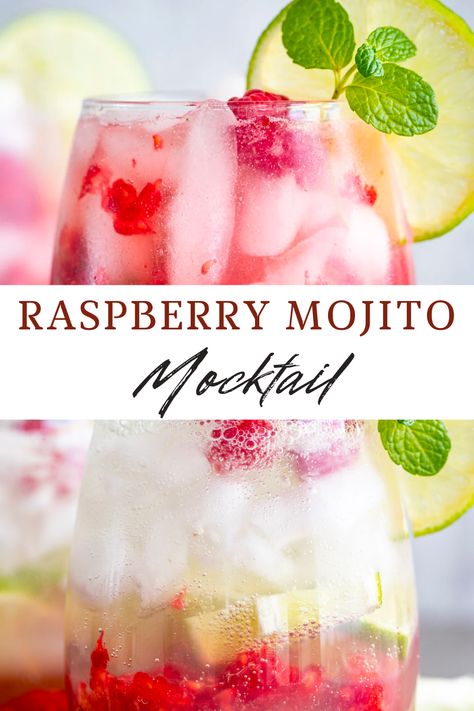 Non Alcohol Mojito, Mocktails Mojito Non Alcoholic, Raspberry Lime Mocktail, Pink Drinks Mocktail, Raspberry Mojito Mocktail, Mock Mojito Recipe, Mocktail For A Crowd, Mocktails Non Alcoholic Pink, Mojito Mocktail Non Alcoholic