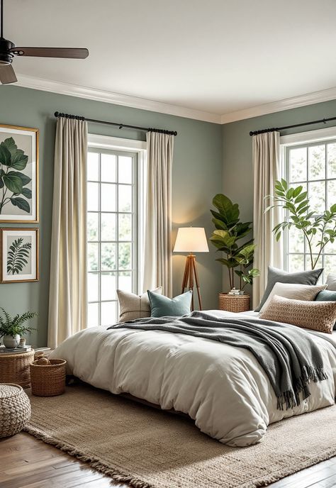 Sage Green Farmhouse Bedroom Light Sage Green Bedroom Walls, Master Bedrooms Greens, Light Sage Walls, White And Olive Green Bedroom, Sage Green And Brown Bedroom, Sage Green Boys Room, Sage Green Ceiling, Cream And Sage Bedroom, Sage Green Accent Wall Bedroom