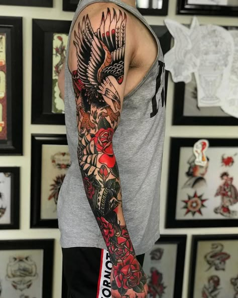 Old School Sleeve, American Traditional Sleeve, Music Tattoo Sleeves, Traditional Tattoo Old School, Christian Sleeve Tattoo, Traditional Sleeve, Tattoos Mandala, Traditional Tattoo Sleeve, Disney Tattoo