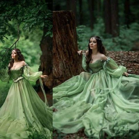 Green Gown Photoshoot, Fairytale Shoot Photoshoot, Green Prom Dresses Fairy, Green Long Flowy Dress, Green Fairy Ball Gown, Fantasy Dress Photoshoot, Fairytale Dress Photoshoot, Fairy Like Prom Dress, Fantasy Gowns Green