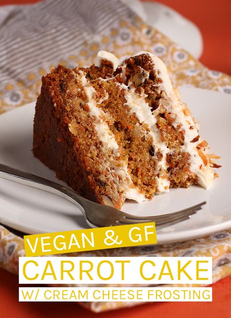 This vegan and gluten free carrot cake is made with Bob's Red Mill Gluten-Free flour for a perfectly moist and decadent holiday dessert. #vegan #glutenfree #vegandesserts #carrotcake #veganglutenfree Cheesecake Vegan, Gluten Free Carrot Cake, Vegan Carrot Cakes, Vegan Cake Recipes, Makanan Diet, Vegan And Gluten Free, Delicious Snacks, A Piece Of Cake, Healthy Cake