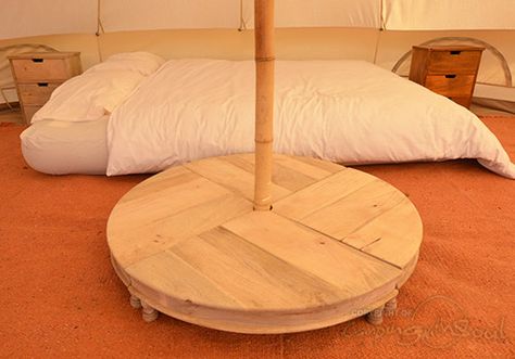 Camping with Soul 4 Piece Round Table (Raw and Varnished Mango Wood) Tent Platform, Indian Table, Central Table, Camping Furniture, Circular Table, Round Tables, Bell Tent, Pallet Projects, Round Table