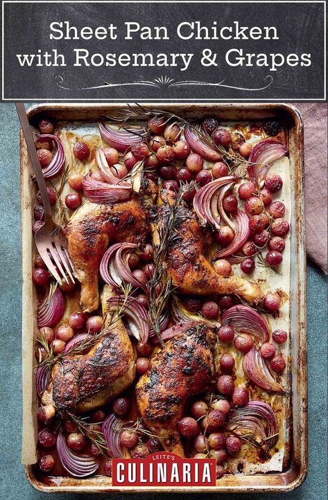 Antoni Porowski's chicken with grapes is a revelation. Sweet and jammy, with woodsy herbs and roasted onions--this chicken has it all. #sheetpanchicken #roastedgrapes #chickenwithgrapes Chicken With Rosemary, Red Clam Sauce, Antoni Porowski, Pan Chicken Recipes, Grape Recipes, Sheet Pan Chicken, Sheet Pan Suppers, Roasted Onions, One Pan Chicken