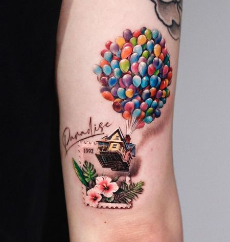 Up House Tattoo, Pixar Tattoos, Disney Tattoos For Men, Dory Tattoo, Ariel Tattoo, Memorial Tattoo Designs, Disney Sleeve Tattoos, House Tattoo, Balloon Tattoo