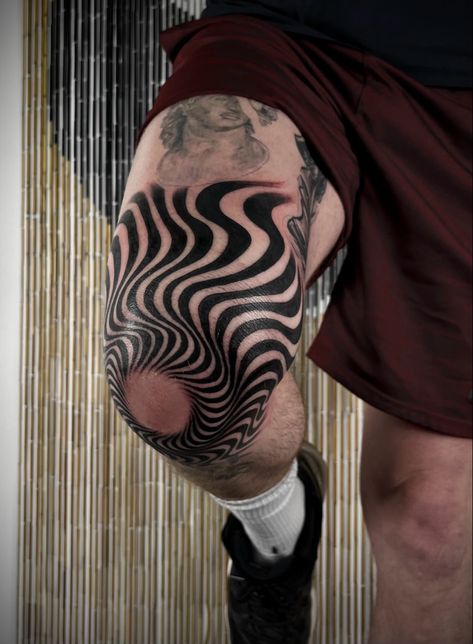 Black opitcal illusion swirly tattoo done by me - IG crimedaddy Swirly Tattoo, Calf Tattoo Men, Men's Optical, Knee Tattoo, Calf Tattoo, Optical Illusion, Optical Illusions, Tattoos For Guys, Tattoo Ideas