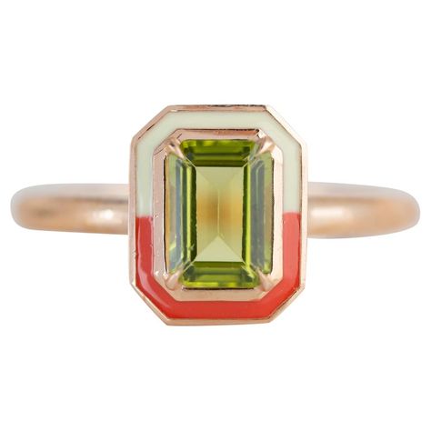 Art Deco Style 1.00 Ct Peridot Double Color 14K Gold Cocktail Ring Aquamarine Cocktail Ring, Rose Gold Ring Set, Yellow Gold Cocktail Ring, Gold Cocktail Ring, Vintage Diamond Rings, Gold Cocktail, Gold Art Deco, Art Deco Stil, Estilo Art Deco