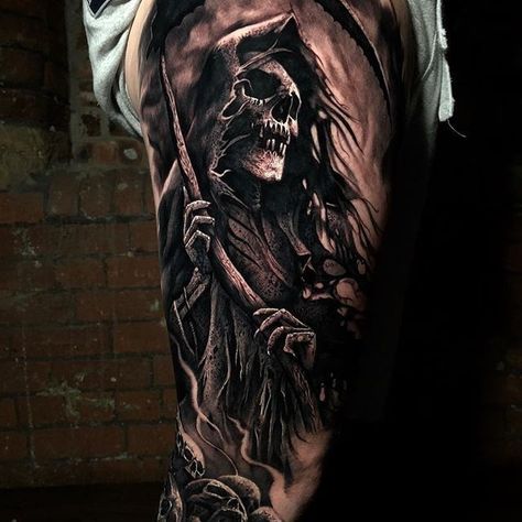 Graveyard Tattoo, Evil Skull Tattoo, Skull Girl Tattoo, Grim Reaper Tattoo, Reaper Tattoo, Haunting Beauty, Skull Sleeve Tattoos, Skull Sleeve, Evil Tattoos