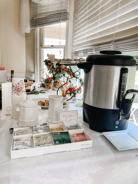 High Tea Drinks Station, Tea Bar Ideas Bridal Showers, Tea Bar For Party, Tea Party Station, Tea Bar Station Party, Hot Tea Bar Station Party, Simple Tea Sandwiches, Hot Tea Bar Ideas, Tea Party Tea Station