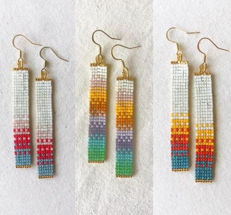 Little bits of good color combinations are what these little rectangles are all about!  *handmade out of miyuki delica seed beads and durable nylon thread  *beaded portion of earrings measure approximately 2 3/8 inches long and 3/8 inch wide  *hypoallergenic ear wires are stainless steel - lead and nickel free These earrings are woven together with a durable nylon string material and can get a little bit wet. However,  please do your best to keep them from getting wet - this will prolong the lif Rectangle Beaded Earrings, Cool Beaded Jewelry, Seed Bead Earring Patterns, Delica Earrings, Woven Earrings, Beaded Pendants, Seed Bead Jewelry Patterns, Bead Weaving Tutorials, Good Color Combinations