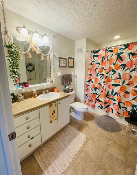 #peaches #peachy #bathroom #bathroomideas #bathroomdecorideas #boho Peach Bathroom Theme, Peach Themed Bathroom, Peach Shower Curtain, Peach Bathroom, Bathroom Wall Colors, Pink Bathroom Decor, Restroom Decor, Bathroom Themes, Apartment Bathroom