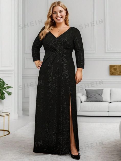 EVER-PRETTY Plus Split Thigh Plicated Detail Dress | SHEIN USA Red Carpet Affair, Maxi Dresses Formal, Plus Size Sequin, Elegant Plus Size, Sequin Evening Dress, Chic Jumpsuit, Sequin Evening Gowns, Evening Dress Collection, Sequin Evening Dresses