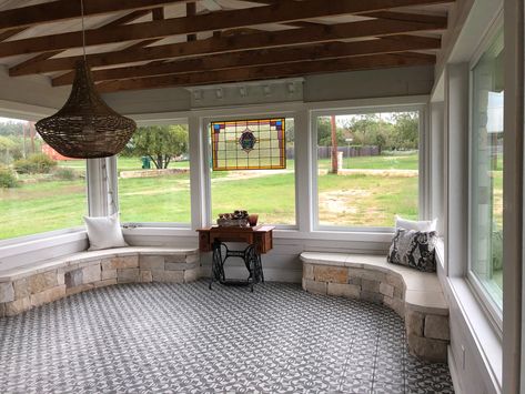 The carport was converted into an English conservatory style dining room. The pine rafters were hidden above the vinyl siding ceiling. Eight picture windows flood the room with natural light. Carport Patio Makeover, Close In Carport Ideas, Closed In Carport, Screened In Porch To Sunroom, Enclosing A Carport, Converted Carport, Attached Carport Ideas, English Conservatory, Porch To Sunroom Conversion