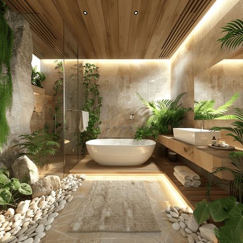 A serene, earthy bathroom interior with natural wood elements, stone accents, and lush green plants1 Bedroom Design, Design Ideas, Bedroom Decor, Spa, Interior Design, Bedroom, Plants, Home Decor, Design