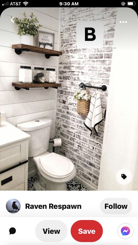 Toilet Closet Ideas, Brick Wallpaper Bathroom, Brick And Shiplap, Downstairs Wc, Toilet Closet, Farmhouse Projects, Condo Bathroom, Bathroom Green, Rv Interior Remodel