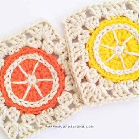 Crochet Citrus Fruits Granny Square – Free Pattern Citrus Granny Square, Citrus Crochet, Crochet Citrus, Free Crochet Square, Afghan Squares, Granny Square Crochet Patterns Free, Crochet Fruit, Granny Square Blanket, Citrus Fruits