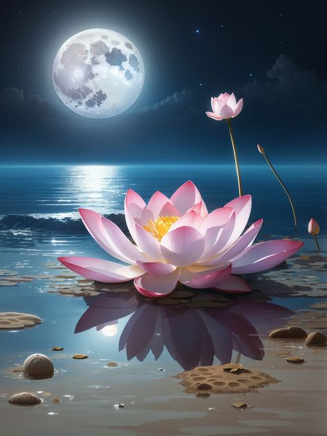 A Lotus Flower Growing Near SEA Sand Full Moon Is Calm Reflection Of In Sea#pikbest##Backgrounds Lotus Flower Growing, Sea Backgrounds, Ethereal Background, Flower Growing, Sea Sand, Water Flowers, Growing Flowers, Graphic Design Templates, Free Graphic Design