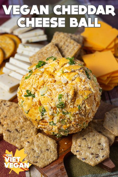 EASY Vegan Cheddar Cheese Ball - The Viet Vegan Lactose Free Cheese, Cheddar Cheese Ball, Vegan Cheddar Cheese, Cheese Alternatives, Vegan Cheese Recipes, Vegan Party Food, Vegan Cheddar, Holiday Appetizer, Vegan Holidays