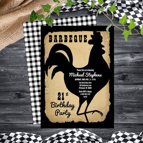 Black And White Chickens, 77th Birthday, Backyard Celebration, Chicken Bbq, 21st Birthday Party, Country Chicken, 21st Birthday Invitations, 18th Birthday Party, Birthday Party 21