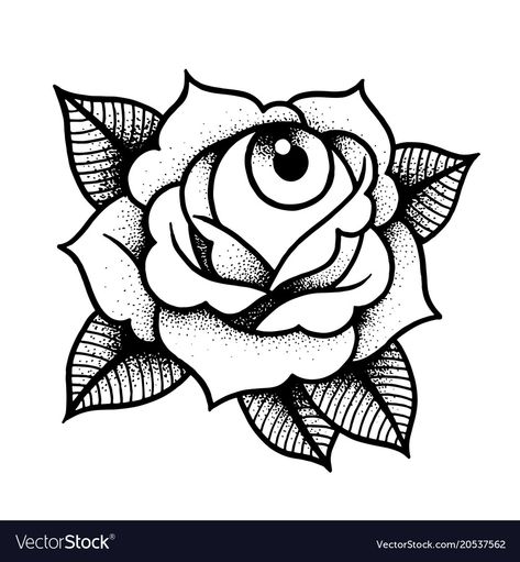 Eyeball Rose Tattoo, Traditional Rose Tattoo Outline, Rose Tattoo Outline, Old School Rose Tattoo, Bible Quote Tattoos, Old School Rose, Illustration Traditional, Traditional Tattoo Flowers, Tattoo Flowers