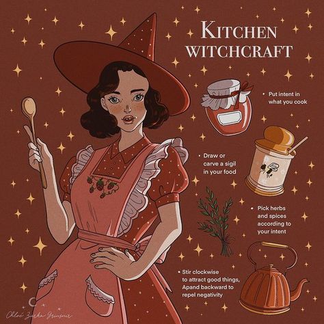 Chloe's arts on Instagram: “Today’s witchtober prompt is... kitchen witch 🌙🍰🧁🥧 for the occasion I drew a little 1950s kitchen witch with her essentials, and I added…” Kitchen Witchcraft, Witch Recipes, Kitchen Witch Recipes, Witch Core, Magia Das Ervas, Witch Stuff, Kitchen Witchery, Eclectic Witch, Wiccan Spell Book