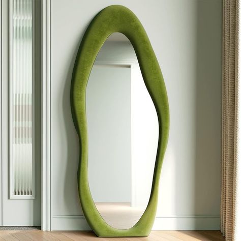 Honyee Full Length Mirror, 63" x 24" Wall Mirror, Flannel Wrapped Wooden Frame Floor Mirror, Irregular Wavy Mirror Hanging or Leaning Against Wall for Cloakroom/Bedroom/Living Room, Green Leaning Against Wall, Mirror Floor, Wavy Mirror, Salon Suites, Mirror Hanging, Apartment Decor Inspiration, Length Mirror, Full Length Mirror, Green Rooms