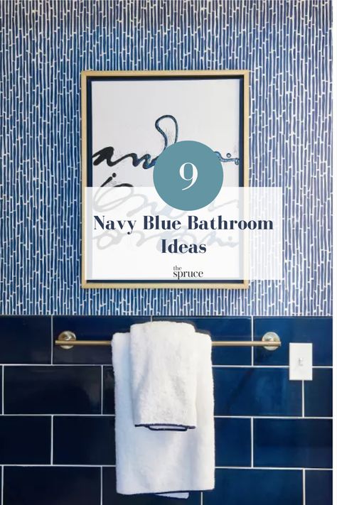 Navy And Blue Bathroom, Navy White Bathroom Ideas, Modern Navy Bathroom Vanity, Blue Wallpaper In Bathroom, Navy Blue Tiles Bathroom, Blue Bathroom Design Ideas, Navy And White Bathrooms, Navy Blue And White Bathroom Decor Ideas, Small Navy Bathroom Ideas