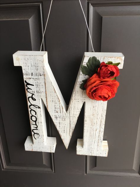 Hobby Lobby letter door hanger Initial Door Hanger Letters Diy, Diy Monogram Door Hanger, Initial Door Hanger Letters, Letter Wreaths For Front Door, Letter Door Hangers Initials, Hobby Lobby Letters, Diy Hobby Lobby, Front Door Wreaths Diy, Letter Door Hangers