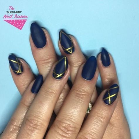 Geo navy #navynails #goldstripingtape #nailart... Fall Nails Navy Blue And Gold, Navy And Gold Gel Nails, Navy Abstract Nails, Navy Blue And Tan Nails, Navy And Mustard Nails, Navy And Gold Nail Ideas, Dark Blue And Gold Nails, Matte Navy Blue Nails, Navy Blue And Gold Nails