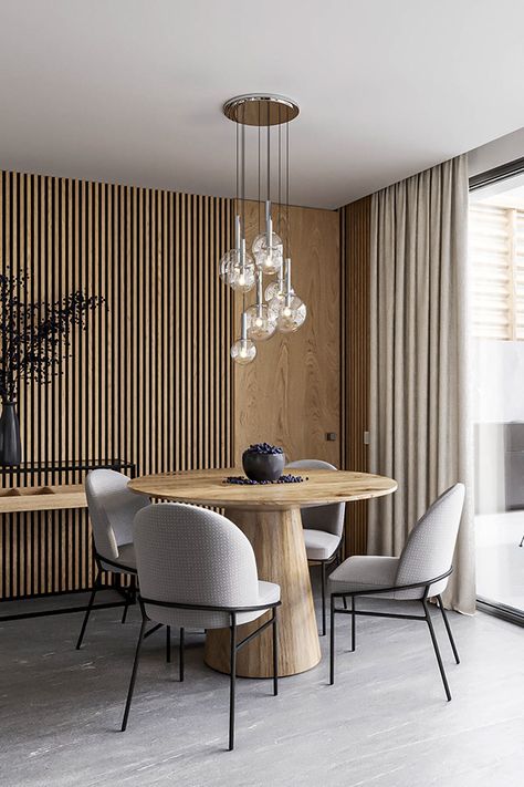 Nurik Karanavidani on Behance Ideas For Wall Decoration, Light Apartment, Monochromatic Living Room, Contemporary Lounge Chair, Contemporary Seating, Wood Slat Wall, Contemporary Chairs, Contemporary Dining, Slat Wall