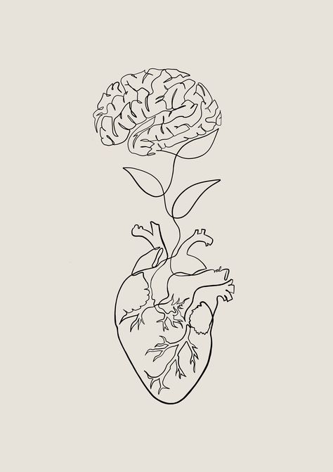 Heart and Brain Art Print Neutral Wall Art Anatomy Poster Medical Office Decor Psychology - Etsy UK Psychology Canvas Art, Psychology Related Decoration, Psychology Line Art, Physical Therapist Tattoo, Mitochondria Aesthetic, Psychology Posters Aesthetic, Aesthetic Anatomy Art, Psychology Wall Art, Psychology Illustration Art