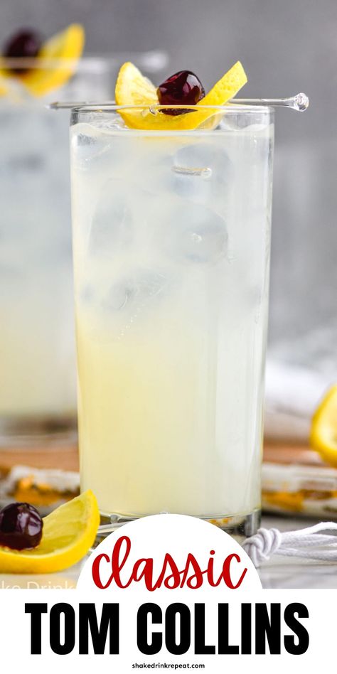 How To Make A Tom Collins Drink, Classic Bar Drinks, Not Too Sweet Cocktails, Tom Collins Recipe Vodka, Tom Collins Drink, Tom Collins Drink Recipes, Tom Collins Recipe, Tom Collins Cocktail, Shake Drink