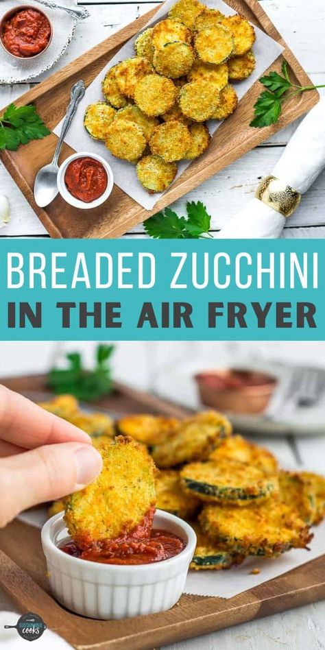 Make amazing Air Fryer Zucchini Chips for your family with this simple recipe! A crunchy coating of panko breadcrumbs and parmesan cheese makes these healthier fried zucchini chips poppable and irresistible. Oven Zucchini, Air Fried Zucchini, Healthy Tailgate, Air Fryer Zucchini Chips, Fried Zucchini Recipes, Frying Recipes, Zucchini Appetizer, Galletas Keto, Vegetable Cooking