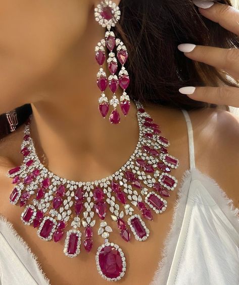 Jewelry/necklace/diamonds Stylish Gold Earrings, Diamond Necklace And Earrings, Ruby Diamond Necklace, Beautiful Jewelry Diamonds, Ruby And Diamond Necklace, Beautiful Diamond Earrings, Real Diamond Necklace, Neck Pieces Jewelry, Art Jewelry Design