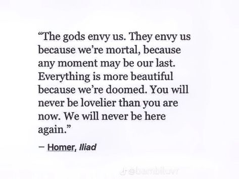 The Gods Envy Us Quote, The Gods Envy Us Tattoo, Ancient Greek Poetry, Homer Quotes Greek, The Iliad Quotes, Positive Nihilism, Gods Envy Us, Poetic Underground, Poetic Tattoos