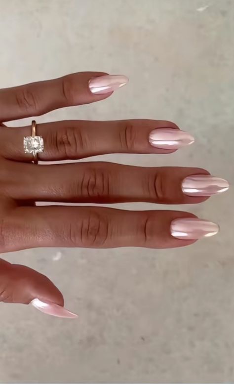 Elegant Milky Nails, Nails To Wear To A Wedding, Nail Inspo For Wedding Guest, Baby Pink Nails Chrome, Sweet Sixteen Nails Ideas, Pink Almond Chrome Nails, Neutral Bridesmaid Nails, Pink Pearlescent Nails, Pink Sweet 16 Nails