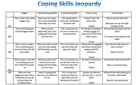 Coping Skills Jeopardy. My group loved this when we played! Crisis Counselor, Group Counseling Activities, Therapeutic Interventions, Group Therapy Activities, Coping Skills Activities, Therapeutic Recreation, Play Therapy Techniques, Relapse Prevention, Mental Health Activities