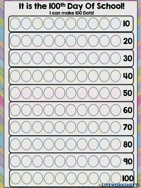 100 day chart worksheet 100 Dots 100th Day, 100 Days Of School Worksheets, 100th Day Of School, School Worksheets, School Subjects, 100 Days Of School, 100th Day, 100 Days, Colorful Backgrounds