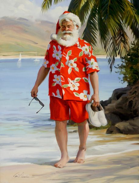 Tom Browning, A Warm Winter Break, oil, 24 x 18. Santa Claus Figurines, Aussie Christmas, Florida Christmas, Hawaiian Christmas, Beachy Christmas, Boxed Christmas Cards, Beach Santa, Wooden Santa, Tropical Christmas