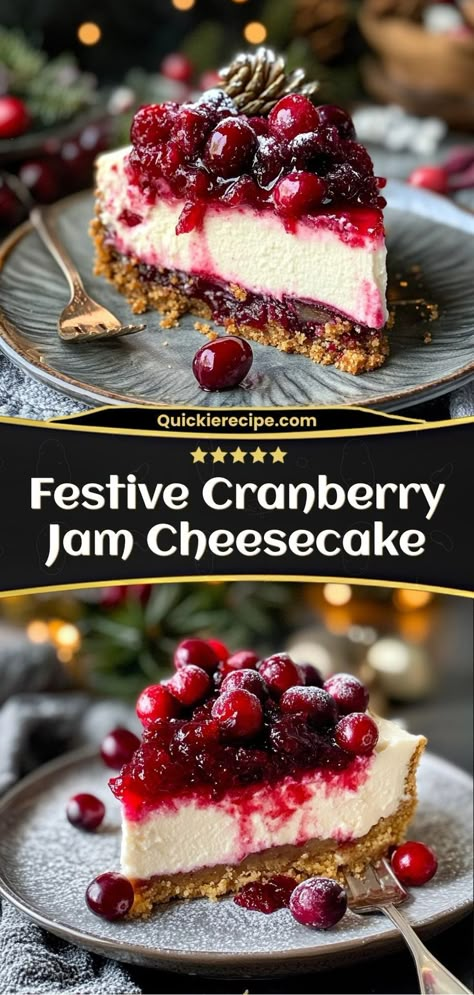 This festive cranberry jam cheesecake is the perfect holiday dessert. Creamy, tangy cheesecake topped with sweet, tart cranberry jam makes for a deliciously rich treat! Ingredients: 2 cups graham cracker crumbs 16 oz cream cheese 1 cup cranberry jam ½ cup sugar Cranberry Cheesecake Topping, Jam Cheesecake, Cranberry Cheesecake Recipes, Festive Dessert Recipes, Cranberry Tart, Cranberry Dessert, Cranberry Cheesecake, Cranberry Jam, Cranberry Cake