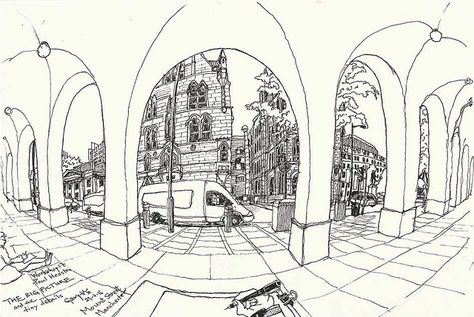 Fish Eye View Sketch: Mount Street, Manchester | Gary Yeung | Flickr Paul Heston, Fish Eye View, Paul Heaston, View Sketch, View Drawing, Perspective Sketch, Ink Pen Art, Drawn Fish, Perspective Drawing Architecture