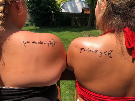 Tiny Matching Tattoos Sisters Meaningful, You Love All My Dark Tattoo, I’ll Be There For You Tattoo Friends, Best Friend Tattoos Song Lyrics, Light And Dark Tattoo Couple, You See All My Light And Love My Dark Tattoo, You See All My Light And Love My Dark, Bsf Tattoos, Sister Tattoos Quotes