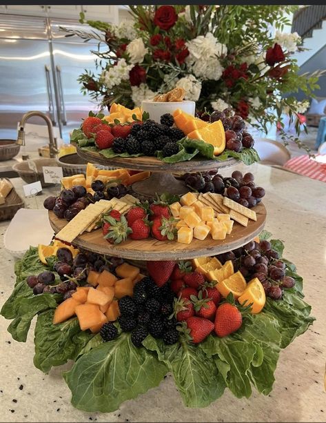 Food Tier Display, Tiered Charcuterie Display, 3 Tier Appetizer Ideas, Tiered Fruit Tray, Tiered Platter Food, Costco Desserts, Wedding Fruit And Cheese Display Appetizers Table, Tray Passed Hors D'oeuvres, Costco Catering Trays