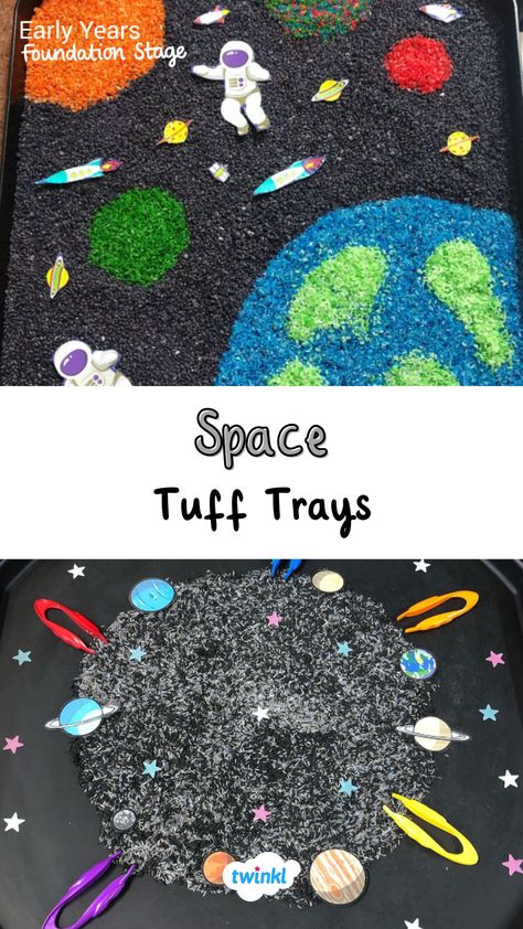 Some great rice space tuff tray ideas! Perfect space activities eyfs. Thanks to @eyfsoaktree @bundles.of.wonder Rice Tuff Tray Ideas, Space Themed Tuff Tray, Space Activities Eyfs, Space Tuff Tray Ideas, Space Activities For Toddlers, Water Tray Ideas Eyfs, Space Eyfs, Eyfs Space, Blue Corridor