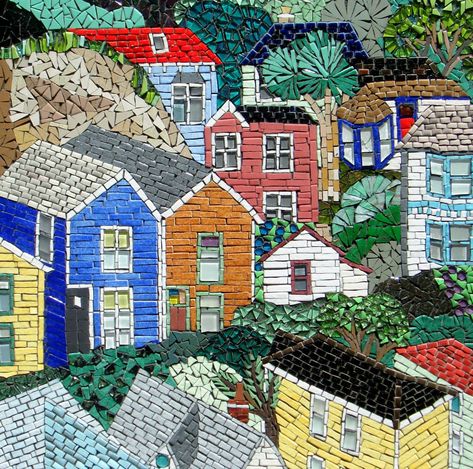 Mosaic Houses Pattern, Mosaic Houses, Beautiful Mosaics, Crafts 2024, Mosaic Art Diy, Mosaic Tile Art, Modern Mosaics, Italian Village, Mosaic House