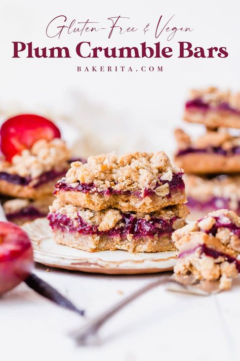 These Gluten-Free Vegan Plum Crumble Bars have a delicious oatmeal crust and crumble topping that's filled with a simple plum jam. These delectable bars highlight one of the summer's best stone fruits in a delicious gluten-free and vegan dessert. Gluten Free Plum Crumble, Paleo Plum Recipes, Plum Breakfast, Simple Bars, Primal Desserts, Oatmeal Crust, Vegan Crumble, Healthy Harvest, Bars Gluten Free