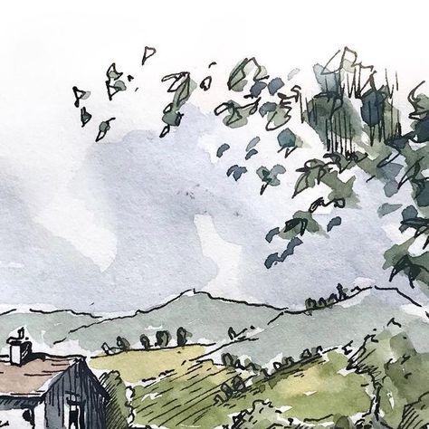 Andrew Weller 🖋️ on Instagram: "A little imaginary country scene. I think this is why i love pen work how with just a few simple lines you can create something recognisable so satisfying #lineandwashpainting #penandinkdrawing #fountainpendrawing #sketching #drawing #illustration #watercolourillustration" Pen And Ink Landscape Drawings, Pen Line Drawing, Line And Wash, Fountain Pen Drawing, Pen And Wash, Minimalist Watercolor, Artist Journal, Country Scenes, Art Pens